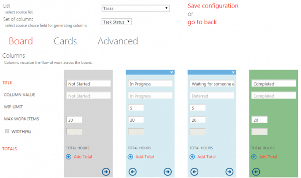 Kanban board configuration interface showing task columns with status categories and customization options.