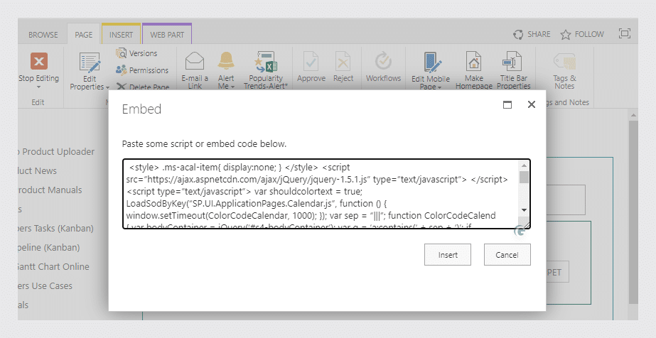 Insert the color-coding script into the Content Editor web part: choose Click here to add new content, then Edit