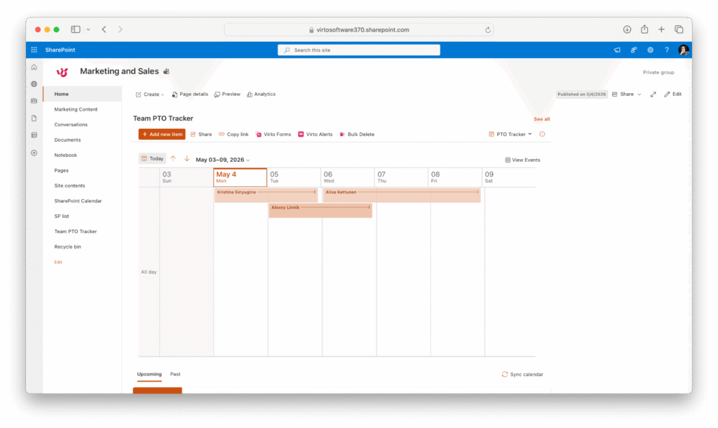 Before — flat, single-color SharePoint calendar.