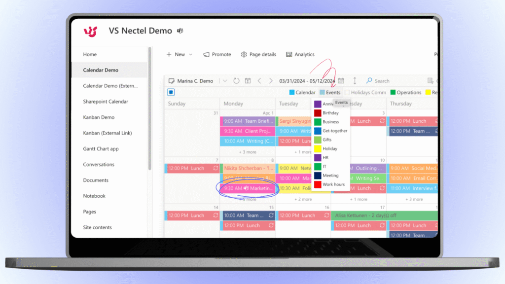 After — Virto Calendar App with color-coding by data source.