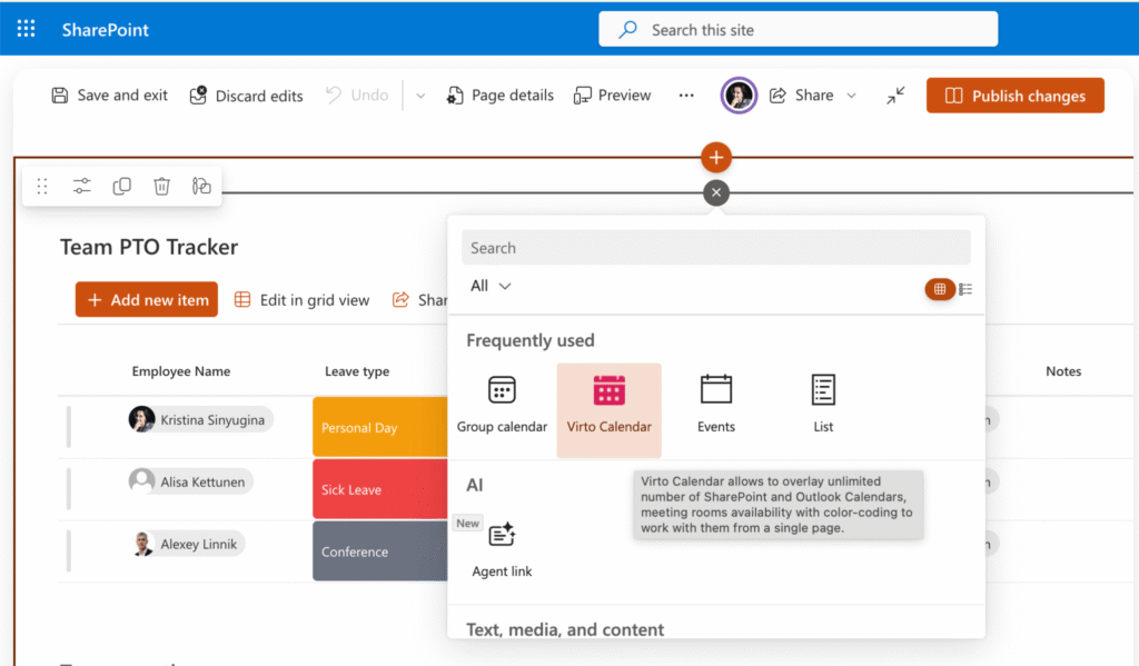 Virto Calendar App web part
