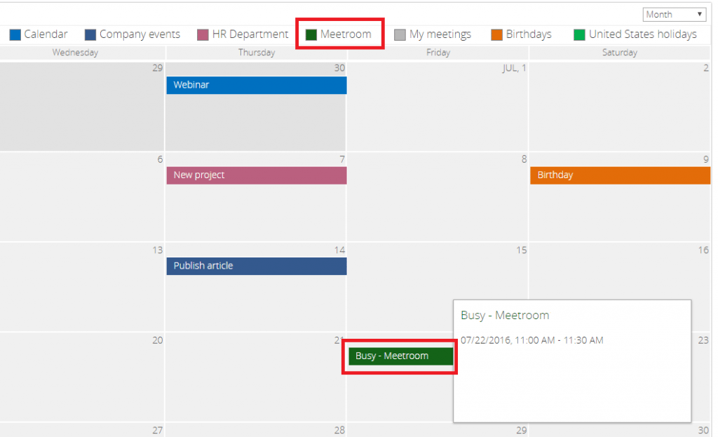 Calendar view showing July 2016 with events including Webinar, New project, Birthday, Publish article, and Busy-Meetroom