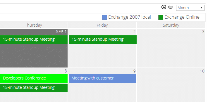 Calendar view showing scheduled meetings and events across multiple days in September 2016
