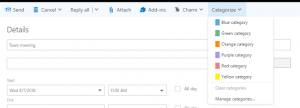 Calendar event creation form with category color legend dropdown menu