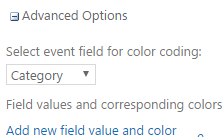 Advanced Options menu for selecting event field color coding in Virto Calendar
