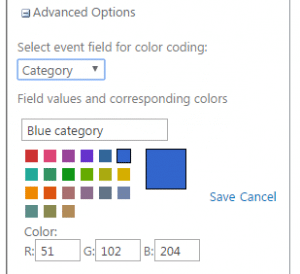 Advanced Options color coding dialog with Blue category palette and RGB values displayed