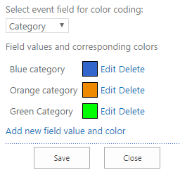 Color coding configuration interface for calendar event categories with edit and delete options.