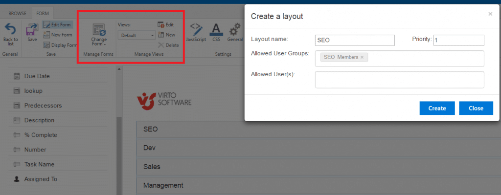 Form layout creation dialog with SEO layout name and user group permissions in SharePoint Forms Designer