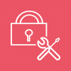 Lock icon with key and wrench symbol on red background