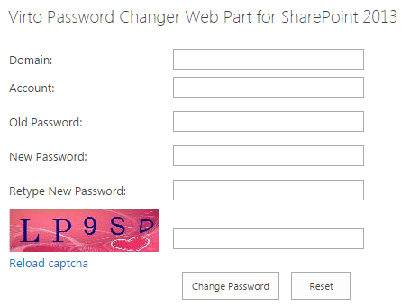 Password change form with domain, account, passwords, and captcha verification fields
