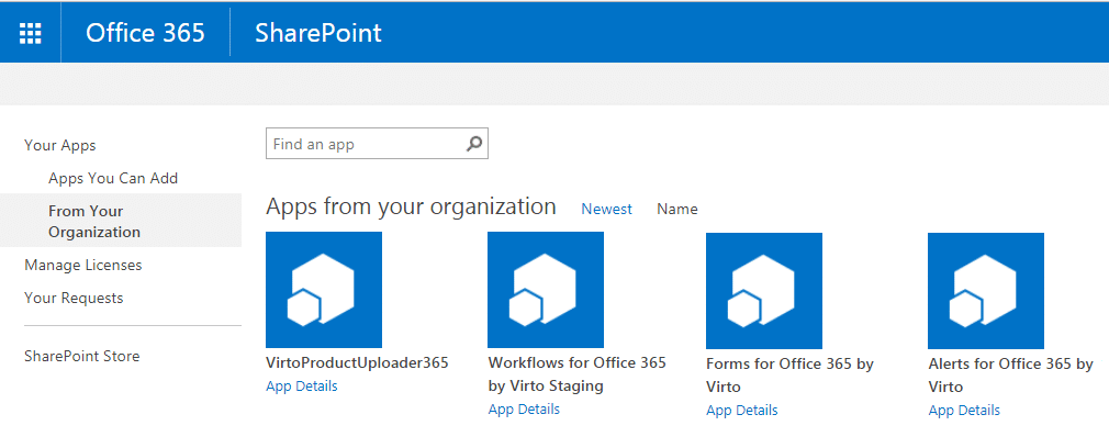 SharePoint app store displaying available apps from organization including VirtoProductUploader365 and Workflows for Off