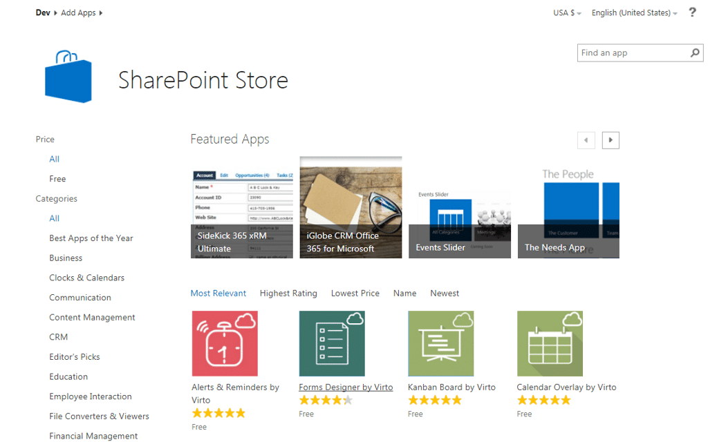 SharePoint Store interface displaying featured apps and sorting options for browsing available applications.