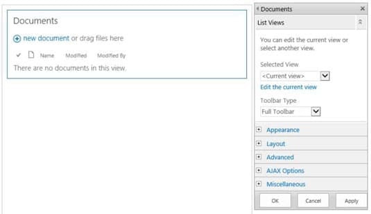 SharePoint Documents web part configuration panel with empty document view and customization options.