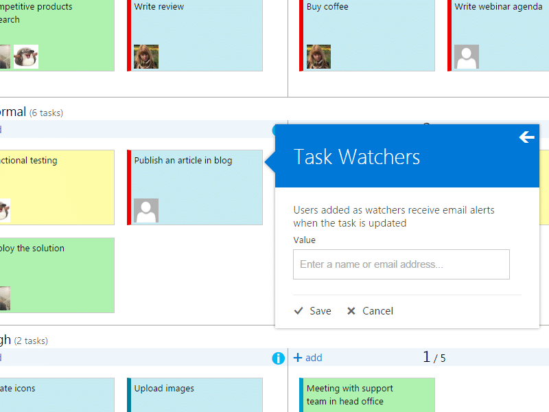 Task Watchers dialog box for adding email alert watchers to a task update