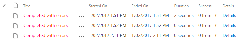 SharePoint workflow execution log showing three failed tasks with error details