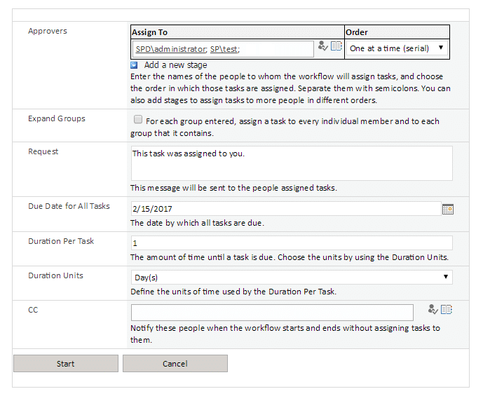 SharePoint workflow configuration form with task assignment and approval settings