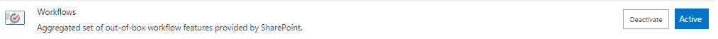 SharePoint Workflows feature toggle showing Active status with Deactivate button