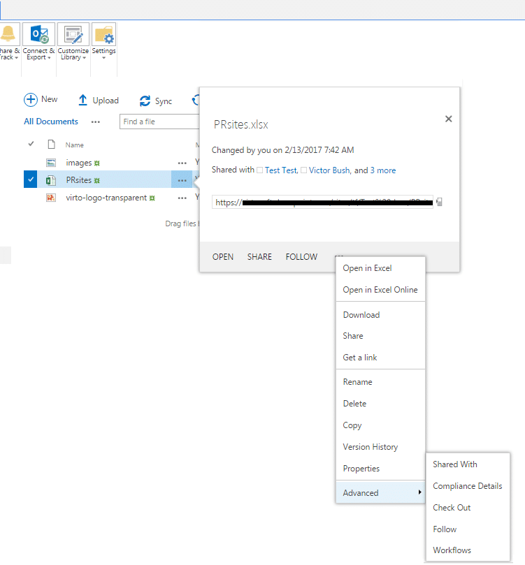 SharePoint Online file details panel showing PRsites.xlsx properties and action menu options