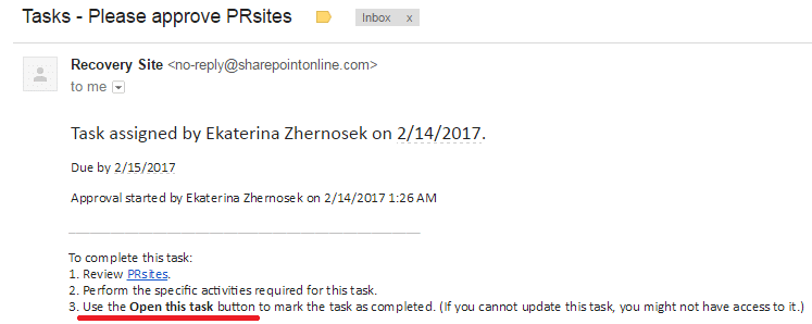 SharePoint task approval email for Recovery Site PRsites with due date and completion instructions.
