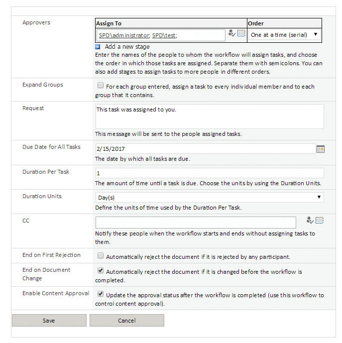 SharePoint workflow configuration form showing approver assignment, due dates, and task settings.
