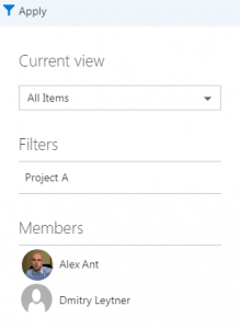 Kanban board filter panel showing current view, project filters, and team members list