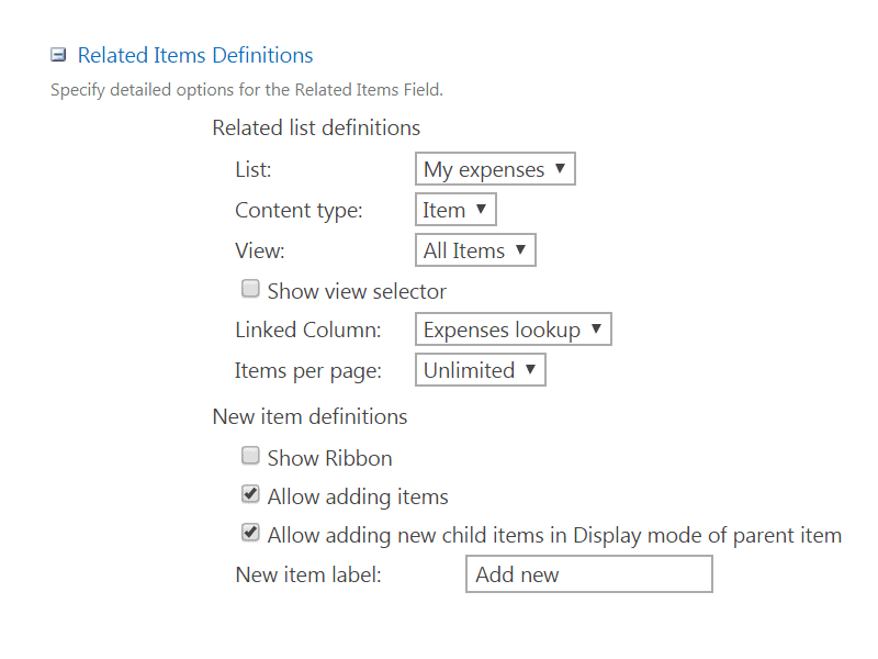 Related Items Field configuration settings showing list, content type, view, linked column, and new item options.
