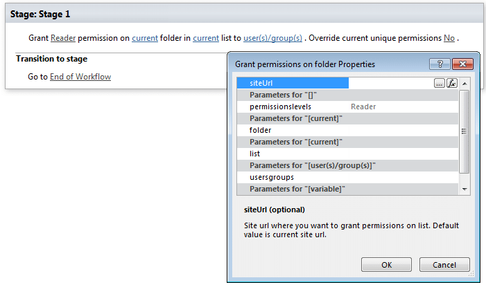 SharePoint workflow permission dialog showing grant options for Reader access on folder and list items.