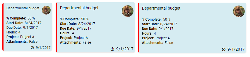 Three identical departmental budget task cards showing 50% completion with 9/1/2017 due date