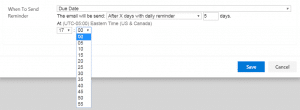 Dialog box showing time selection dropdown menu for alert scheduling