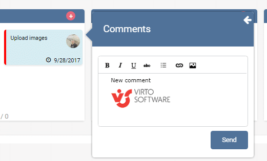 Comment form with formatting options and Virto Software logo