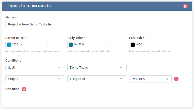 Configuration panel for a Kanban board task with color and condition settings