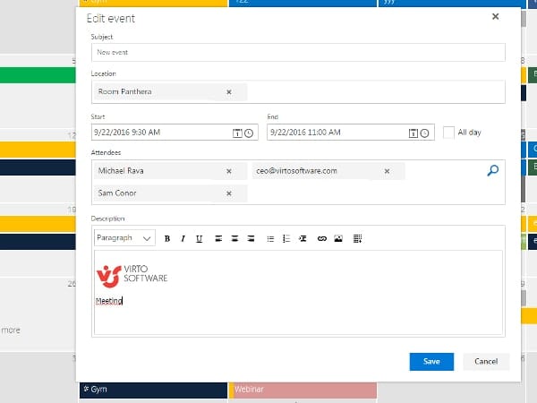 Screenshot of SharePoint event creation dialog with meeting room booking details and attendees.