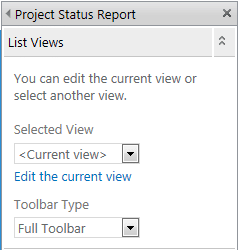 Project Status Report dialog showing list view options and toolbar type settings