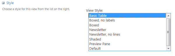 SharePoint view style dropdown menu with Basic Table selected