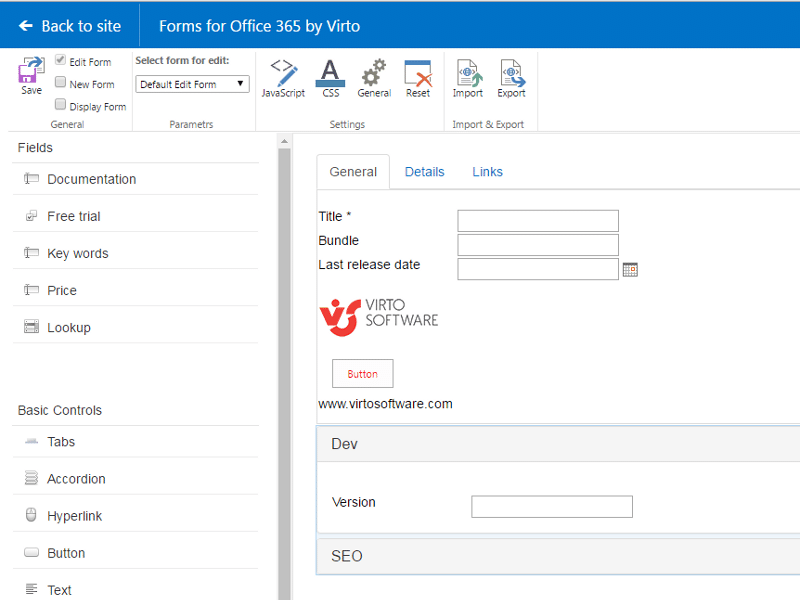 Forms for Office 365 by Virto form editor interface showing fields and controls panel