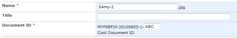 SharePoint document properties form showing Name, Title, and Document ID fields with sample data