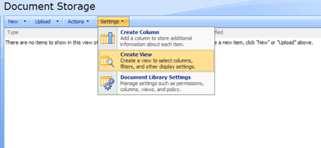 SharePoint Settings menu showing options for Create Column, Create View, and Document Library Settings.