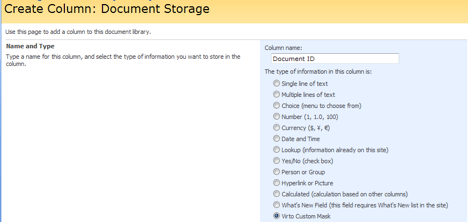 SharePoint Create Column dialog showing Document ID field type options and settings