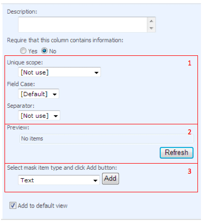 SharePoint column configuration form with unique scope, field case, and separator settings