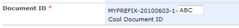 SharePoint document ID field showing MYPREFIX-20100603-1-ABC format example