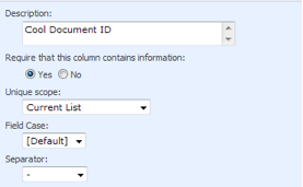 SharePoint configuration form for Cool Document ID settings with options for column information and field case