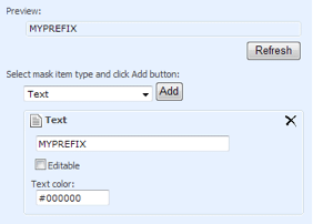 SharePoint dialog for adding custom text mask with MYPREFIX identifier and formatting options