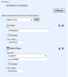 SharePoint field configuration dialog showing MYPREFIX text and Date/Time field settings with custom format options.