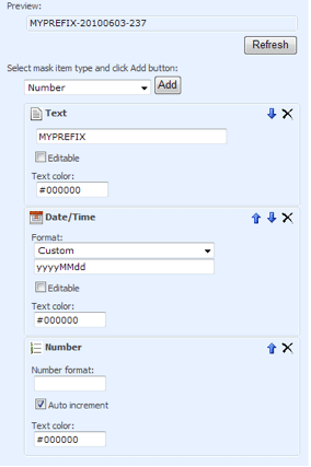 SharePoint mask item configuration dialog for custom document identifier format settings