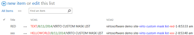 SharePoint list displaying custom mask items with titles and versions in columns