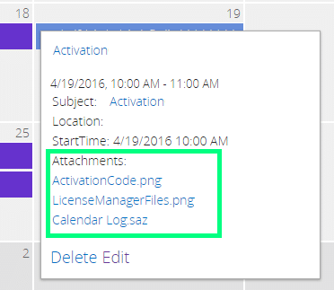 Exchange calendar event details showing attachments list with delete and edit options