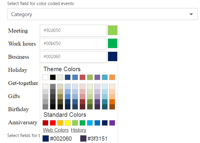 Calendar event color coding interface with category options and color palette selection tools.