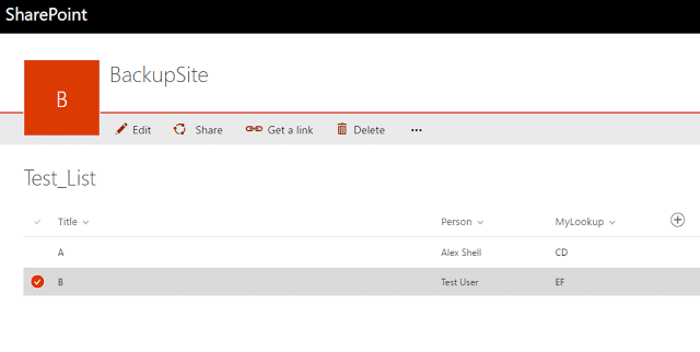 SharePoint list view showing Test_List with columns for Title, Person, and MyLookup fields