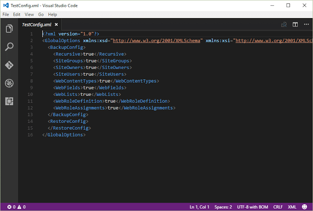 XML configuration file open in Visual Studio Code showing SharePoint backup settings