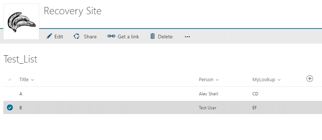 SharePoint Online list showing Test_List with columns for Title, Person, and MyLookup containing sample data entries.